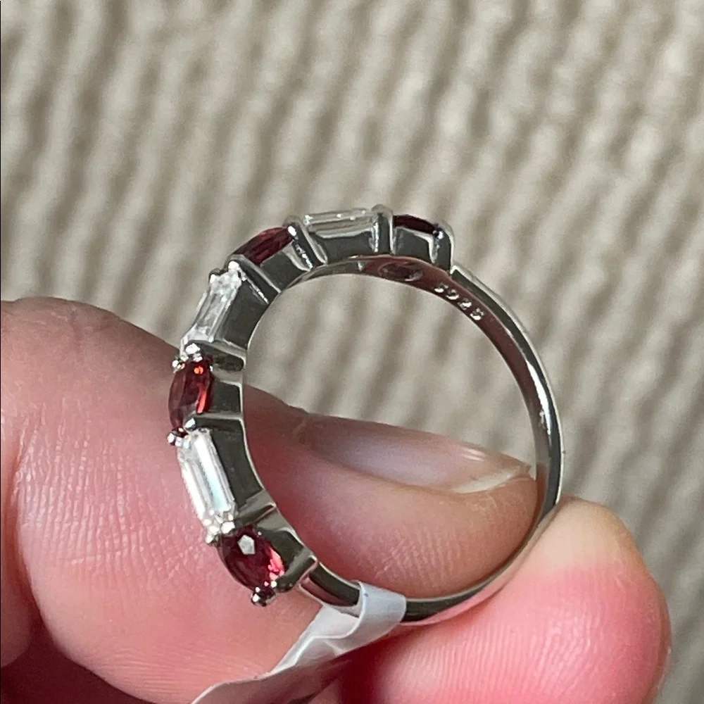 Natural Garnet & Moissanite Half Eternity Ring in 925 Sterling Silver Size 8